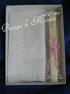 COFFRET SERVIETTE + BOUGIE ROSE MEU BAPTISMO